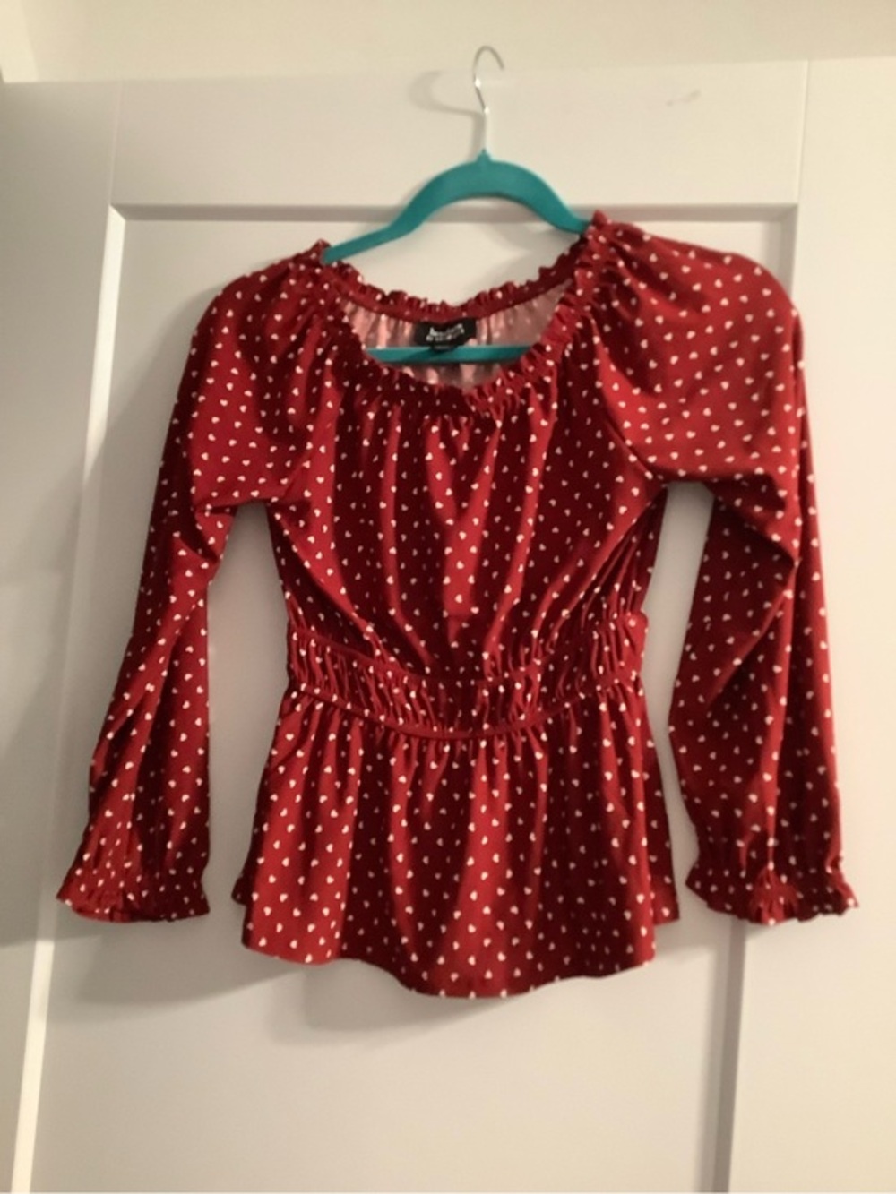Beautees Red Heart-Print Smocked Peplum Blouse